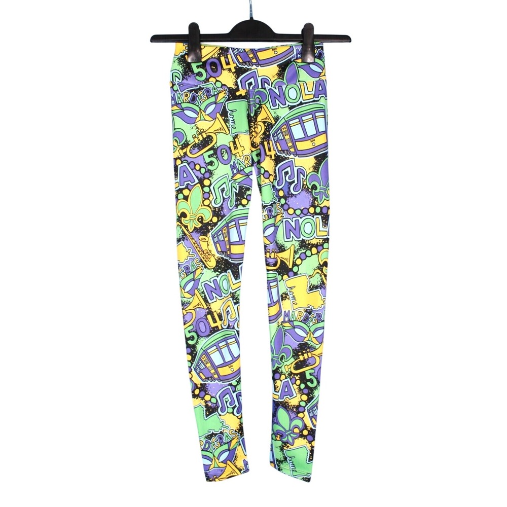 NWT COREY PAIGE Purple/Green MARDI GRAS NEW ORLEANS Ankle Length LEGGINGS Sz XS